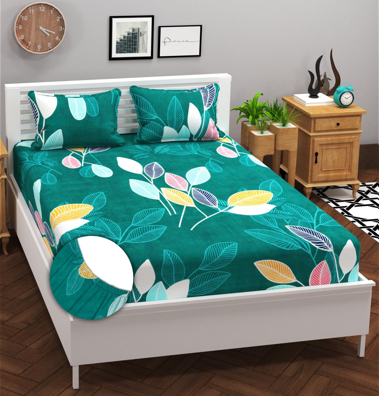 BSB HOME Premium Cotton 210Tc Elastic Fitted Bedsheets with 2 Pillow Covers | Double/Queen Bed with All Around Elastic 220 TC Supersoft Floral Pattren Breathable |Size-78 x72+8 inches |Dark Green-image-28