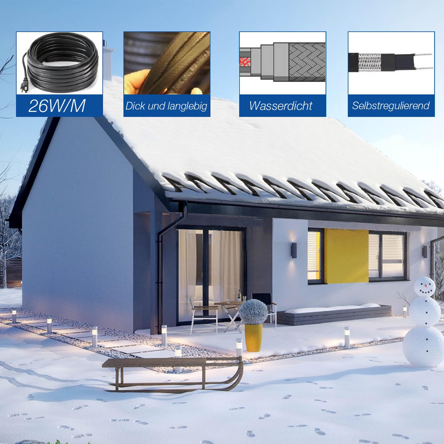 H&G Lifestyles 26W/m Heizkabel 15M Selbstregulierend – Dachrinnenheizung 230V für Dachrinne, Wasserrohre & Leitungen – Frostschutz Begleitheizung gegen Eis & Schnee