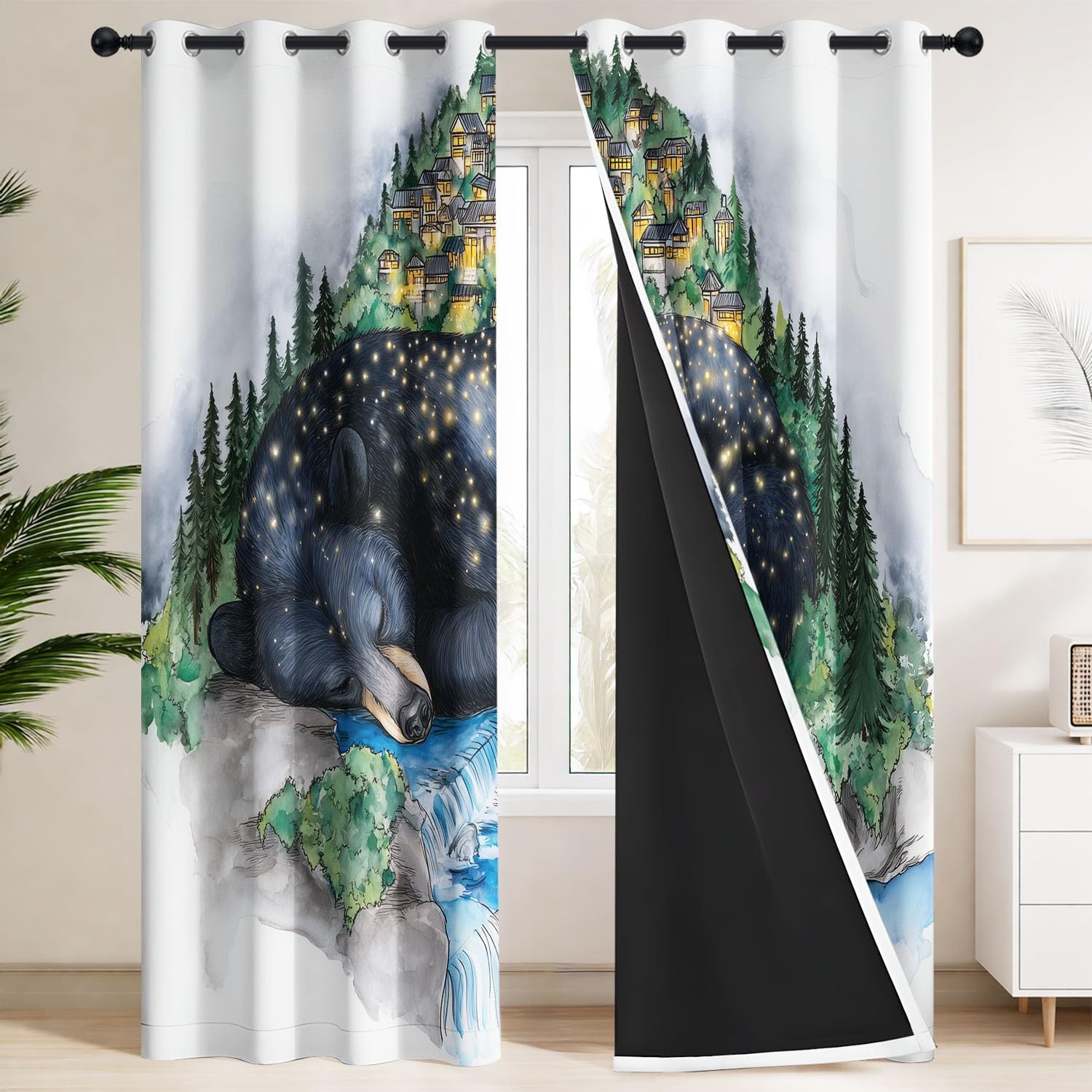 Zasłony zaciemniające Oniric, Akwarela, Rzeka, Las, 140 x 180 cm, ochrona przed zimnem i ciepłem, zestaw 2 zasłon w stylu czarnego niedźwiedzia, migoczące światło, wodospad odpowiednie dla dorosłych