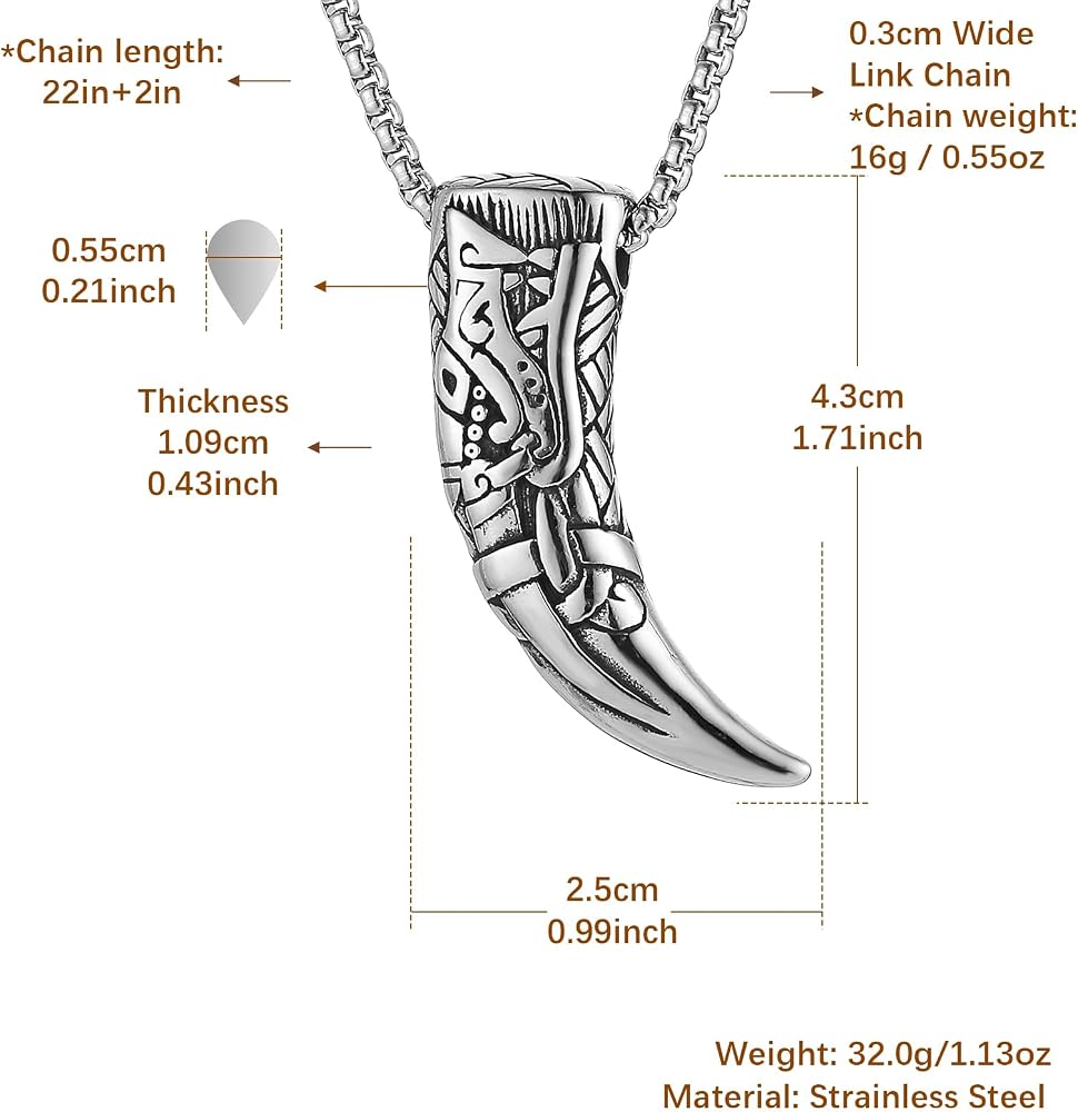 HZMAN Viking Wolf Tooth Necklace for Men Stainless Steel Retro