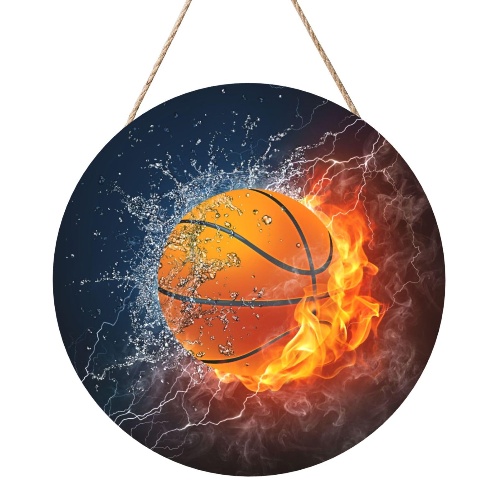 InOmak Basketball In Water And Fire, Round Wood Panel Painting 12 in, Wall Hanging Painting For Home