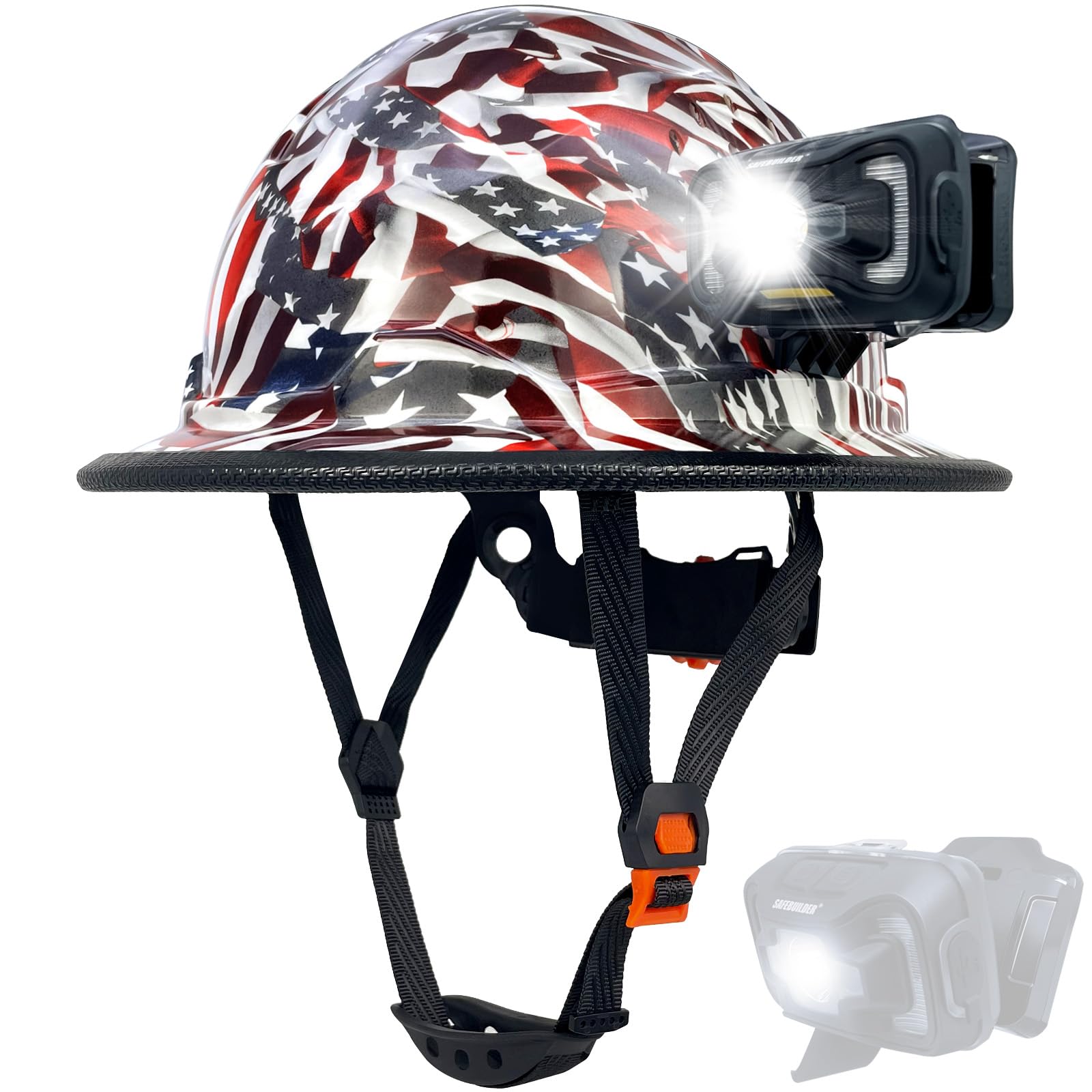 SAFEBUILDER Cascos duros de ala completa con lámpara recargable, casco de seguridad con faro, suspensión de 6 puntos, construcción ventilada, trabajo al aire libre, aprobado por ANSI