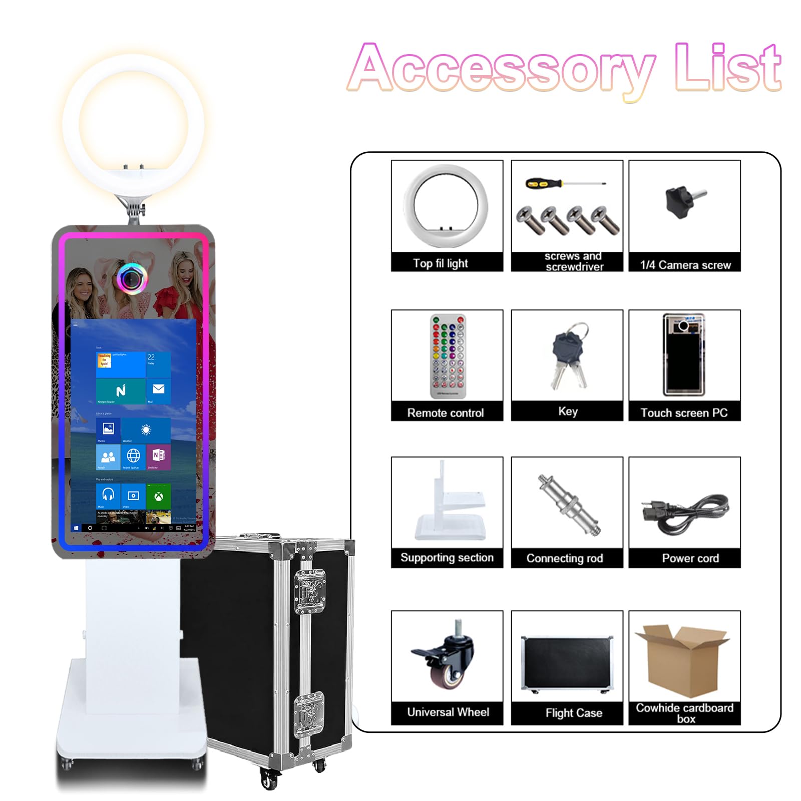 Máquina de cabina de fotos con espejo con visualización táctil interactiva de 32 pulgadas y funda de vuelo, mini computadora incorporada, espejo mágico de impresión instantánea para cumpleaños