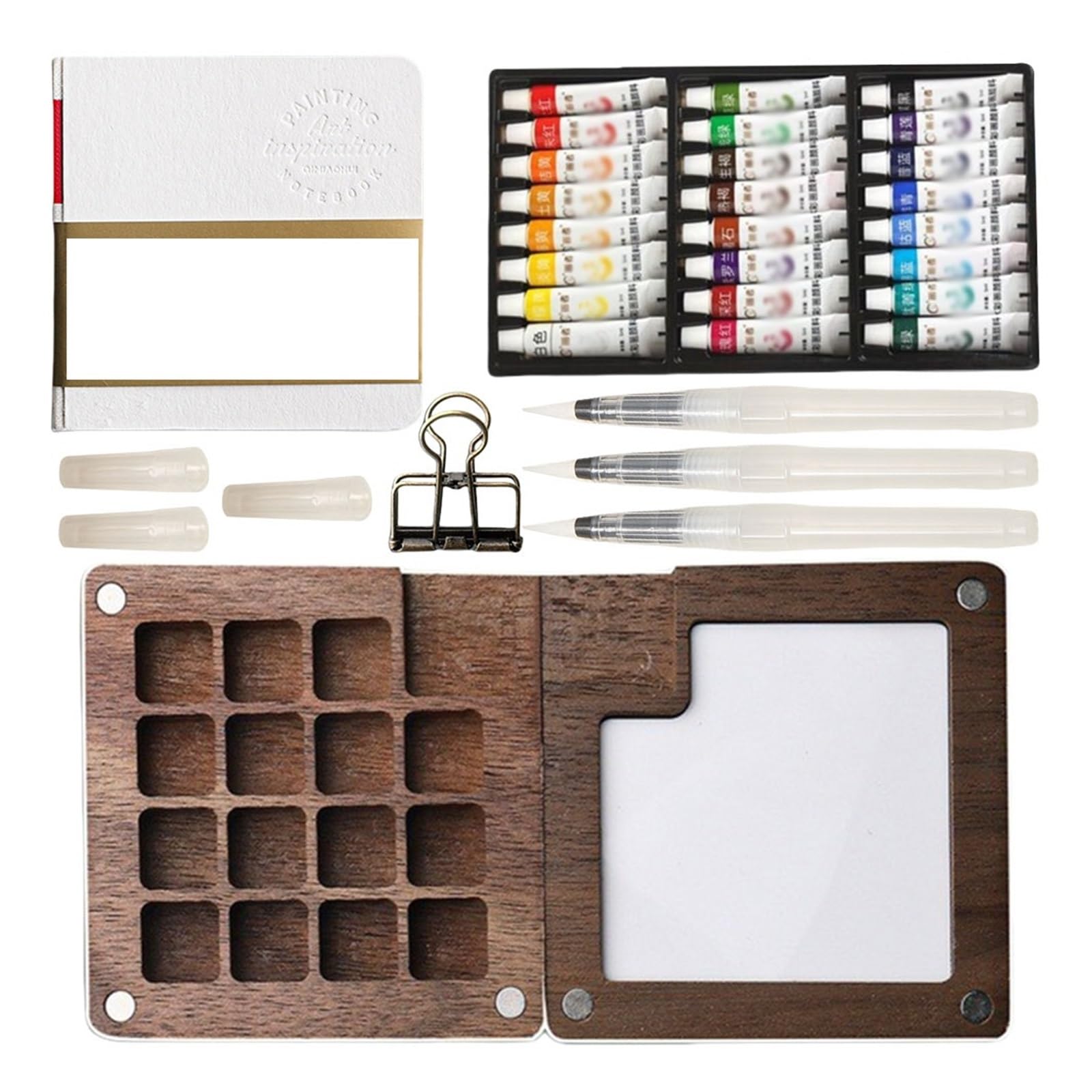 Set di acquerelli portatili con 8/15 griglie in legno, tavolozza da viaggio, album da disegno, pennelli, raccoglitori, clip per artisti, studenti, strumenti di pittura (set A da 8 griglie)