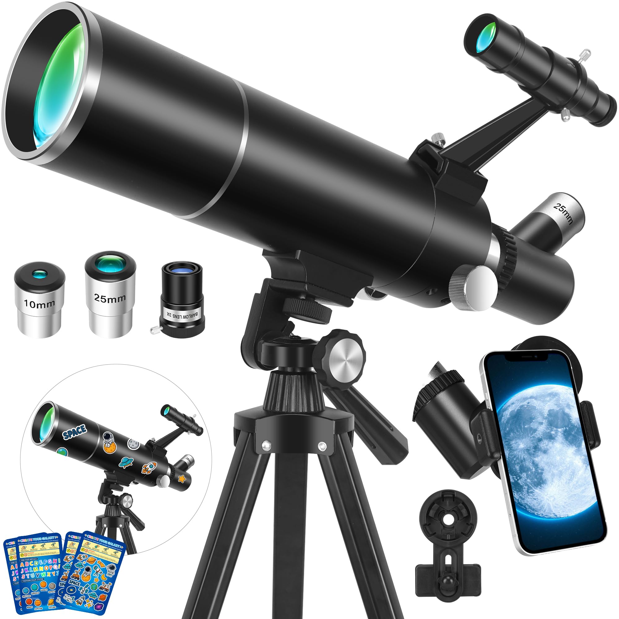 Télescope Astronomique pour Adultes et Enfants, 80/500mm Réfracteur Portable Télescope professionnel pour Débutants avec Trépied, Adaptateur Téléphone – Idéal pour Observer la Lune et Nature