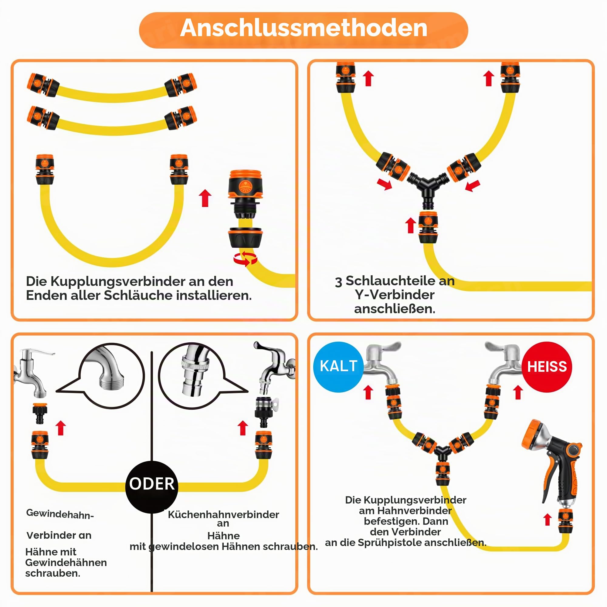 Hundedusche Schlauch-Set 14-teilig – 3m Gartenschlauch für Außenwasserhahn mit Warm-/Kalt-Adapter, Y-Verteiler & 8-Sprühmodi-Pistole – Ideal für Hundepfotenreinigung, Haustierbad, Garten & Autowäsche
