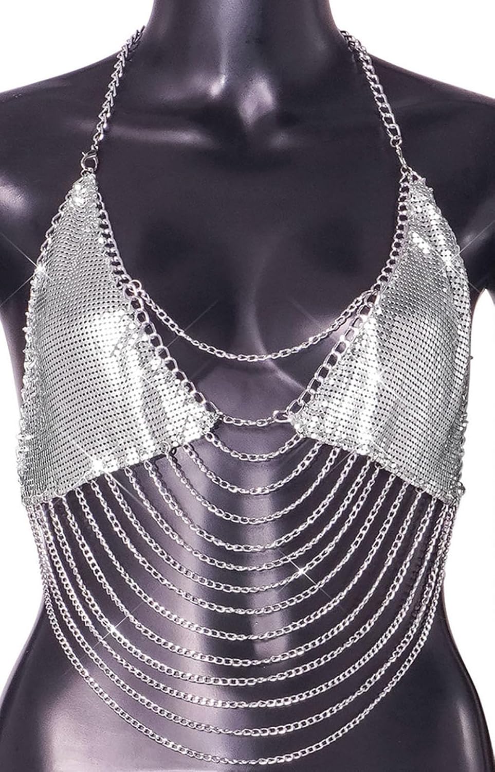 Sequin Tassel Silver Body Chain Halter Crop Tank Top Shirt Rhinestone Cami Crystal Bra Sleeveless Sparkly Backless Vest Camisole Jewelry for Women