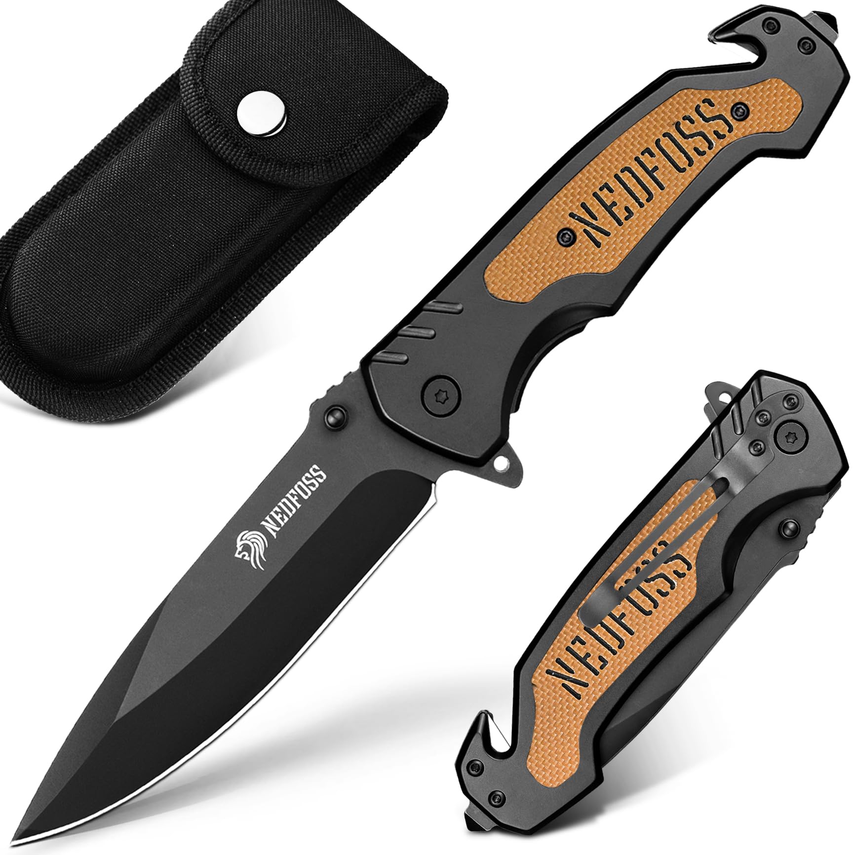 Nedfoss NF18 Pocket Knife for Men Tactical Folding Knife with Glass Breaker and Seatbelt Cutter, Pocket Clip, Skull G10 Handle, Unique Christmas Birthday Gifts for Men Women, Perfect EDC Knife for Emergency Rescue Camping Survival