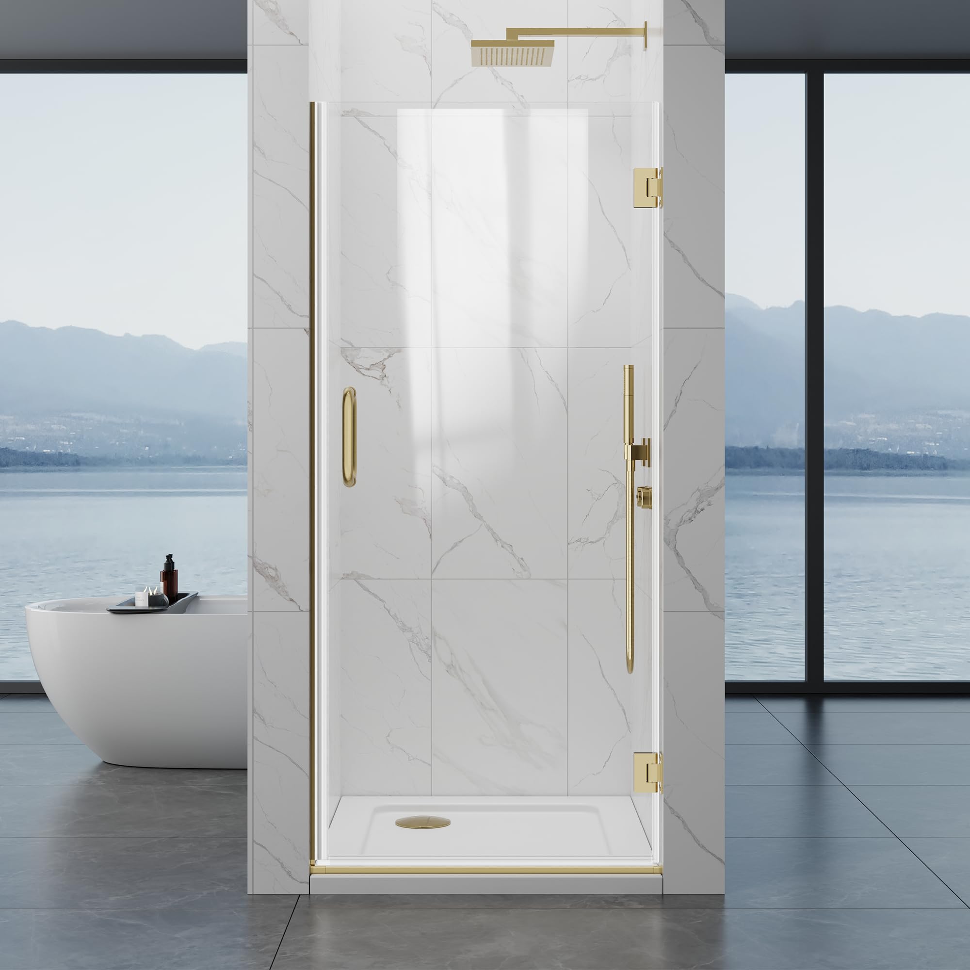 Photo 1 of ****COMPANY SEALED***YTSAHSTT Hinged Shower Door, 32" W x 76" H Single Swing Pivot Framelss Shower Door, 3/8" (10mm) Tempered Glass with Nano Coating, Stainless Handle, Glass Door for Walk-in Shower - Brushed Gold