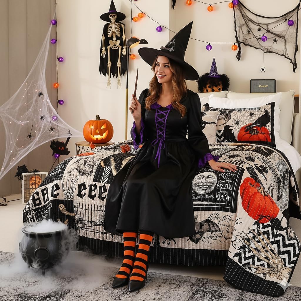 EVENHUG Halloween Quilt Set Queen Size Bedspread with Pillow Shams Festival Themed Bedding Sets Pumpkin Ghost Coverlet 4 Piece (90"x90")