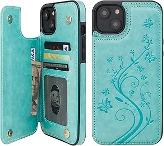 Vaburs Compatible with iPhone 14 Plus Case Wallet with Card Holder,Embossed Butterfly Pattern PU Leather Double Buttons Flip Protective Shockproof Cover for Magnetic Car Mount 6.7 Inch (Green)