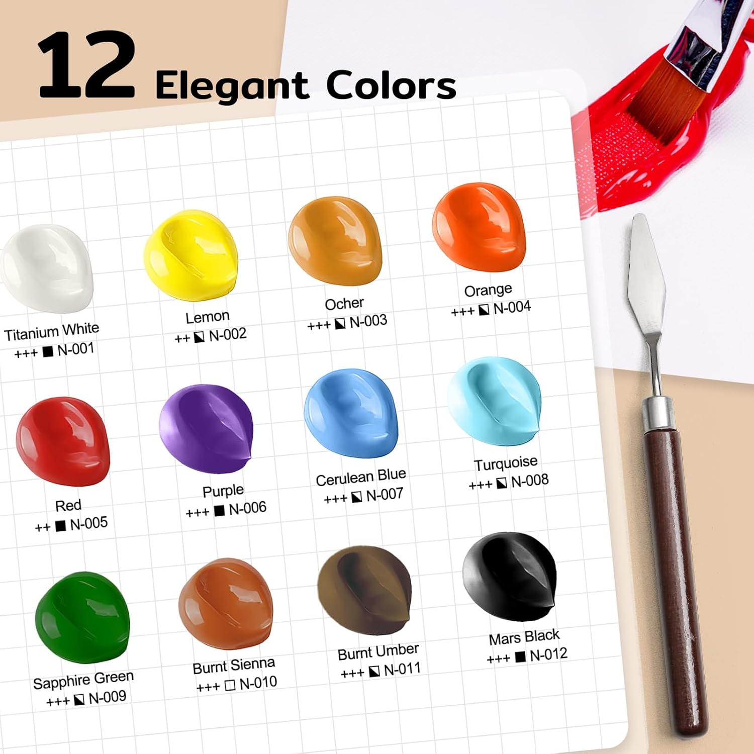 TMOL 12 Colors Acrylic Paint Set (500 ml/16.9 oz Large Bottles), Non-Toxic for Kids & Adults, Acrylic Paint Bulk on Wood, Glass, Ceramic, Art Painting Supplies with Palette Knife & Art Sponge