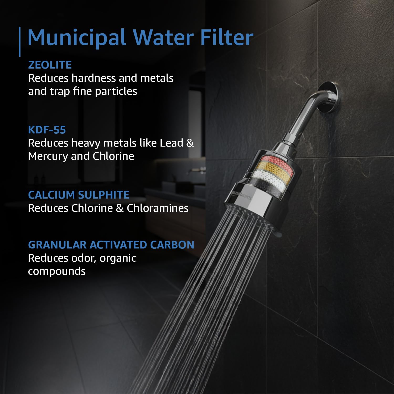 Amazon Basics Filtered Shower Head with 3 Spray Modes | Water Softener | ABS Material | Chrome Finish | 15.4L x 10.5W cm 3