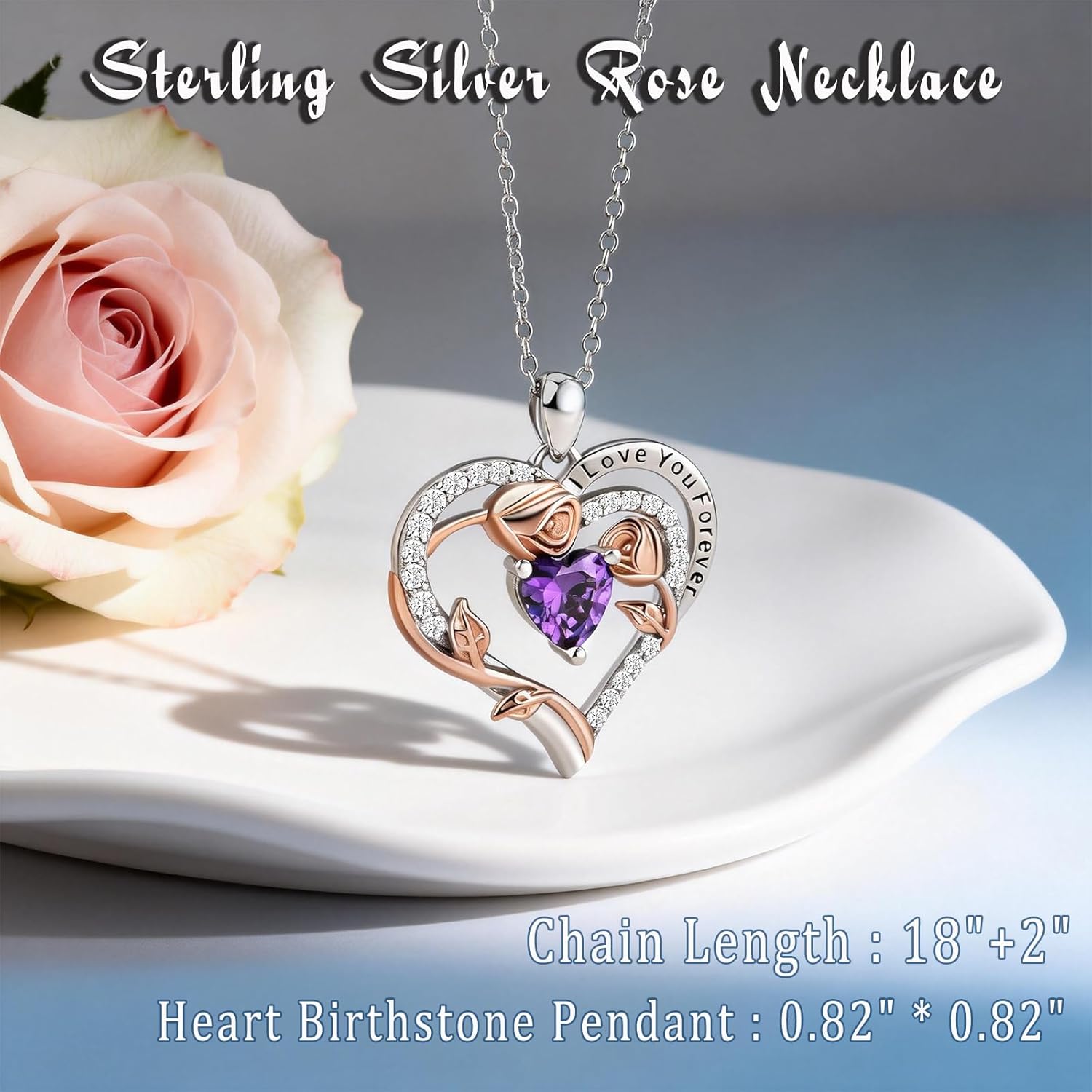 Valentine's Day Gift for Her Sterling Silver Forever Love Necklaces | Heart Birthstone Birthday Gifts for Women | Withe Gold Plated Anniversary Jewelry for Wife Mom Daughter Girlfriend, 18"+2" Chain - Image 5