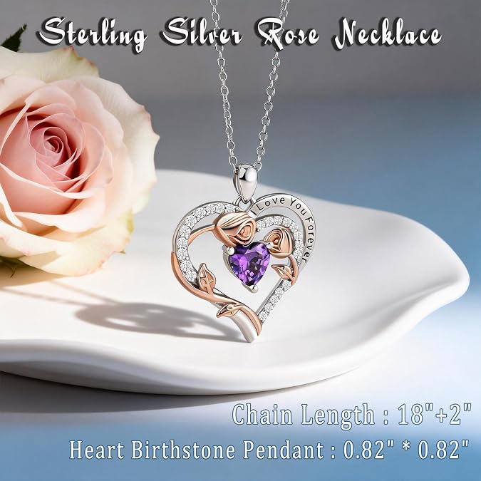 Sterling Silver Heart Birthstone Necklaces | Birthday Gifts for Women | Forever Love Rose Anniversary Jewelry for Her Wife Mom Daughter Girlfriend, 18+2 Chain