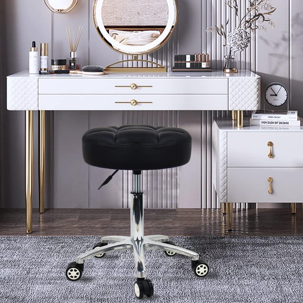 WKWKER Rolling Stools Thicker PU Leather Cushion 360° Swivel Stool with Wheels Hydraulic Lift Support Height Adjustable Rolling Stool Chair for Kitchen Drafting Lab Office Salon Massage Stool（Black）