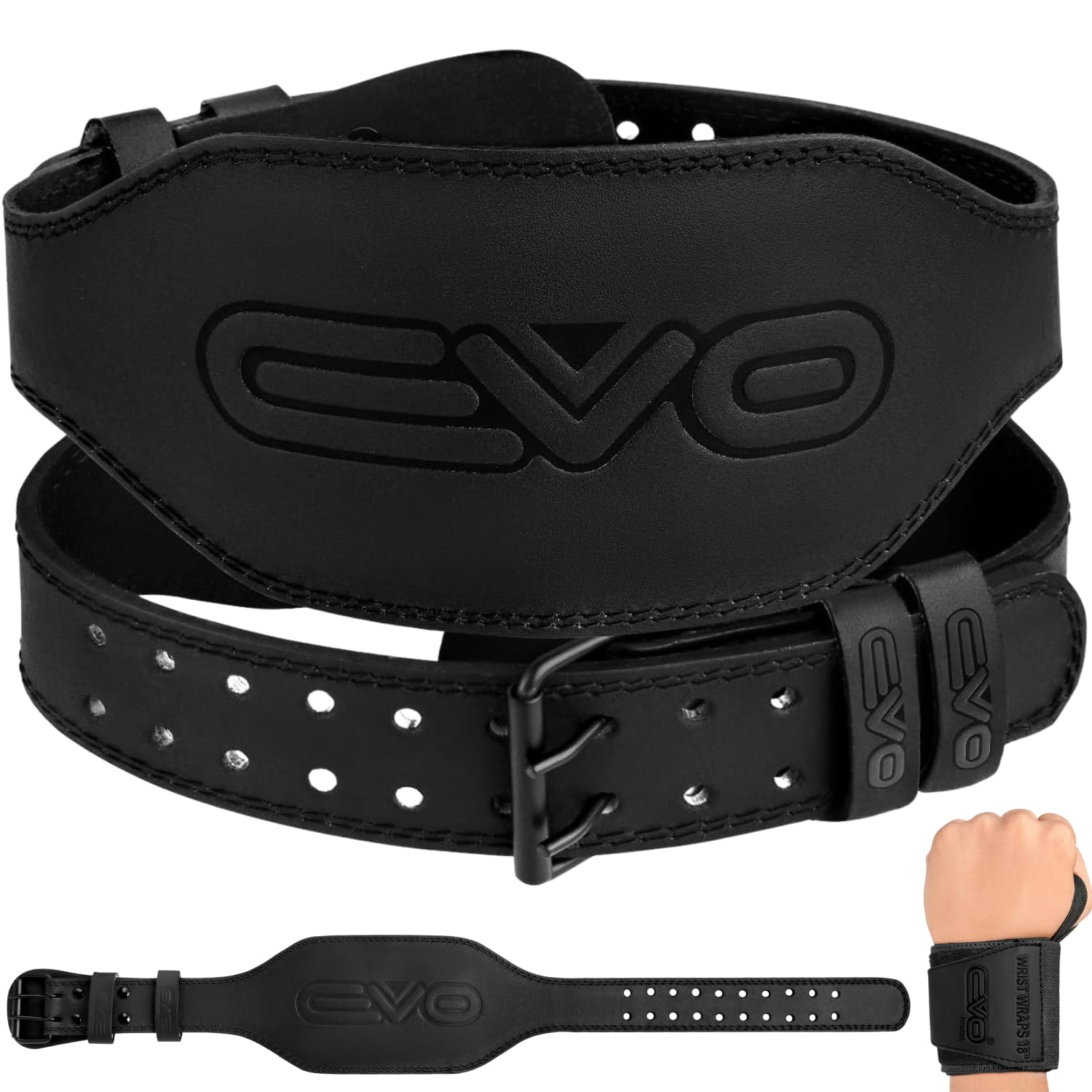 EVO Fitness 4” 6” Matte Black Weight Lifting Belt With 18" Wrist Straps Gym Cowhide Leather Padded Lumbar Back Support Powerlifting Bodybuilding Workout Training Men Women