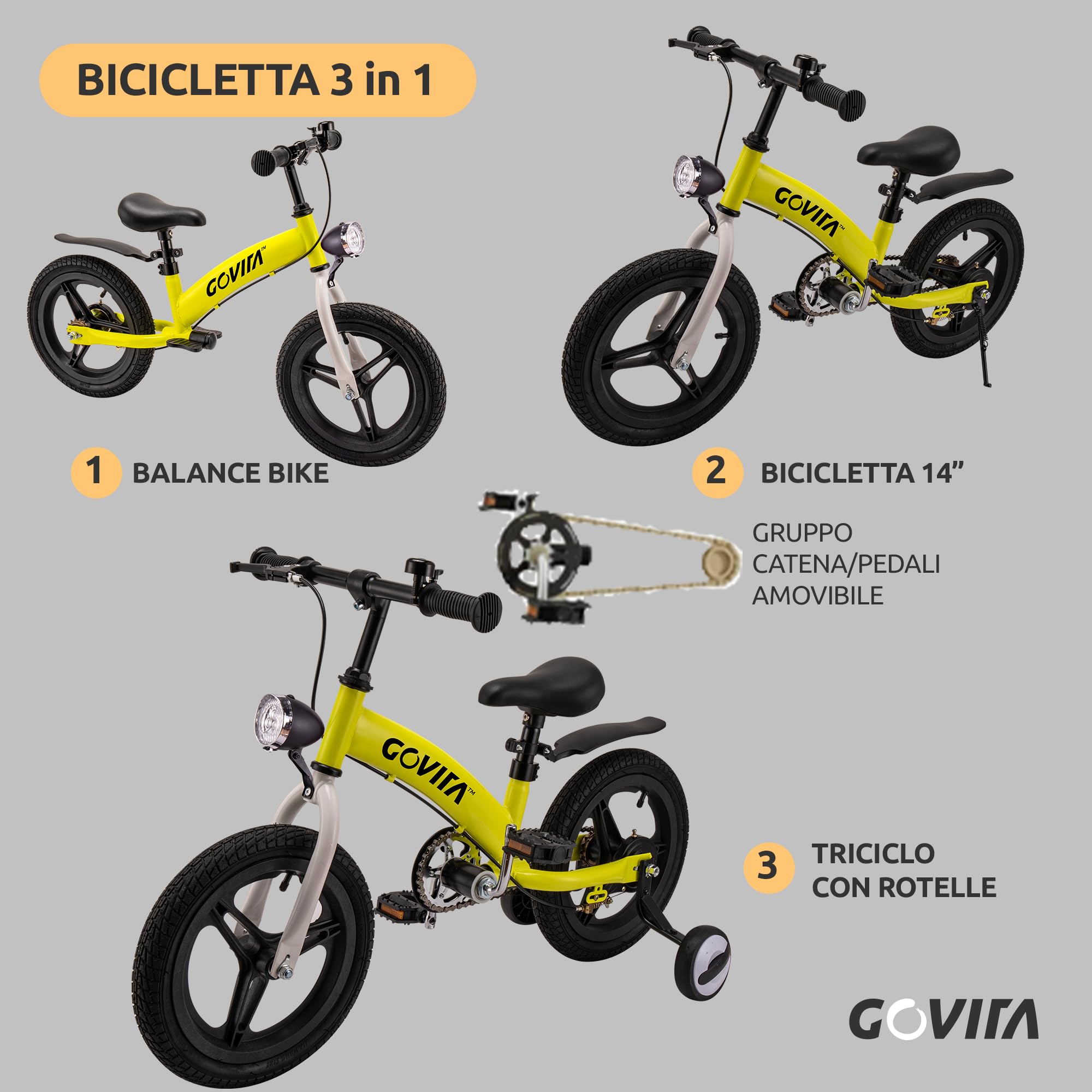 GOVITA Bicicletta Senza Pedali e con Pedali 2 in 1 per Bambini | Balance Bike da 14 Pollici | Bici Evolutiva per Apprendimento Equilibrio e Coordinazione | Freno a Mano, Sella Regolabile