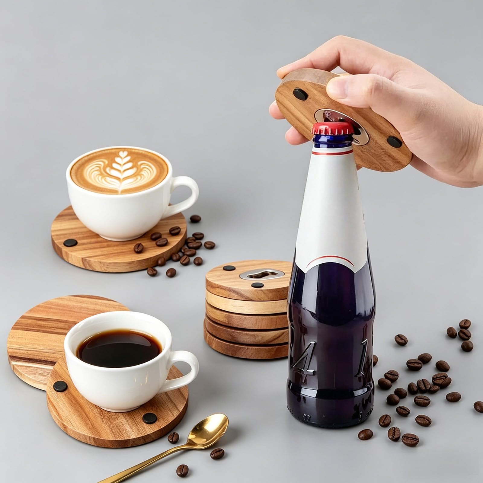 sous-Verres en Bois avec ouvre-Bouteille Rond avec, 8 Pack