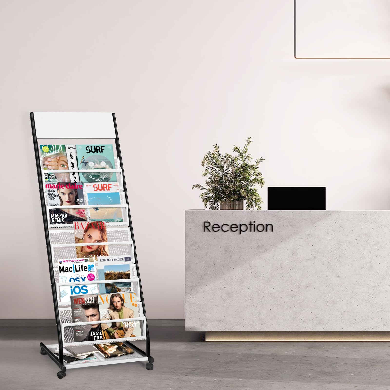 SUNDOY Revistero con ruedas – Soporte de pie para folletos y catálogos – Soporte para revistas con ruedas para oficina, ferias y hogar (5 capas, 47,5 cm de ancho)