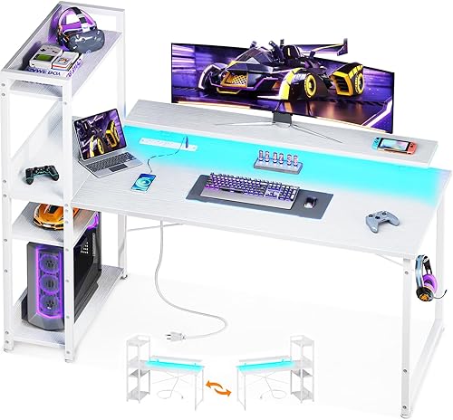 ODK Escritorio reversible para juegos de 55 pulgadas con puerto de carga USB y luces LED, escritorio para computadora con estantes de almacenamiento disponible en Yaxa El Salvador