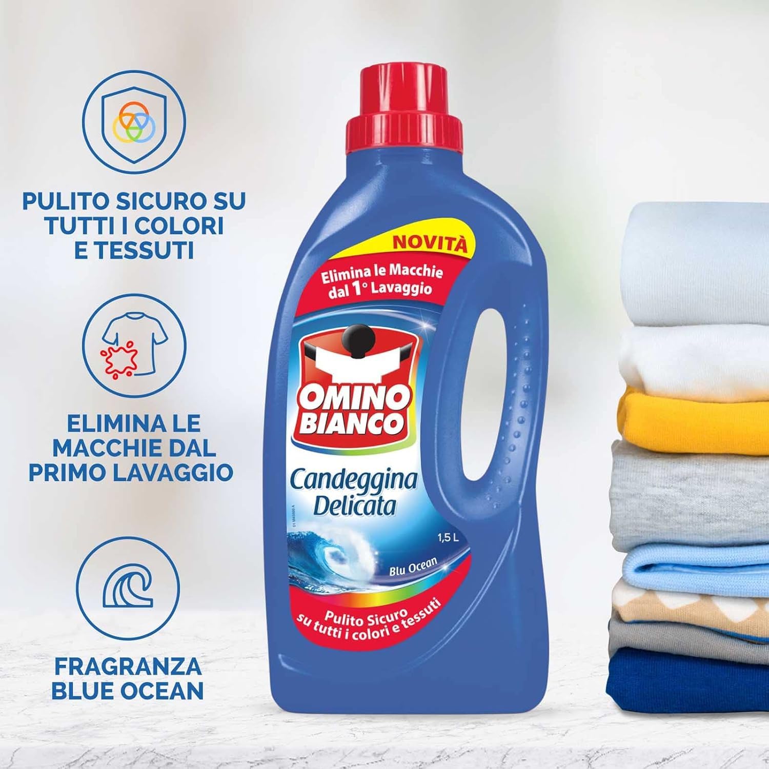 Candeggina Delicata Igienizzante Anti Odore – Essenza Blu Ocean – Tecnologia Smacchiante – Flacone da 1500 ml kit con Spugna Brandizzata SPESA & RISPARMIO Inclusa – Variazioni 4/8/12 Pezzi (12)
