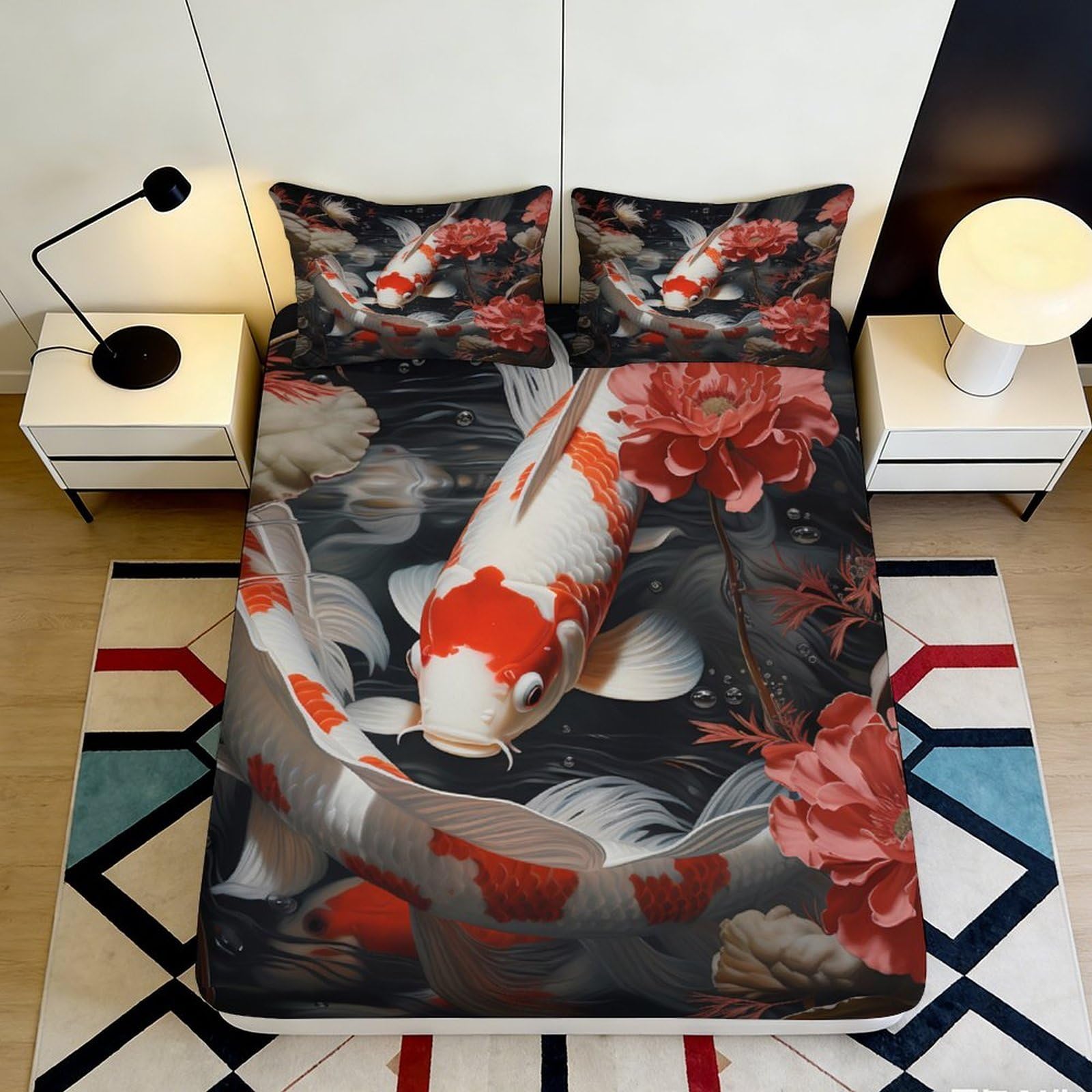 3D Printed Koi Pattern Fitted Sheet Microfiber Deep Pocket Elastic Hem Bedroom Bedding Koi Mattress Fitted Cover Washable 90x200x25cm