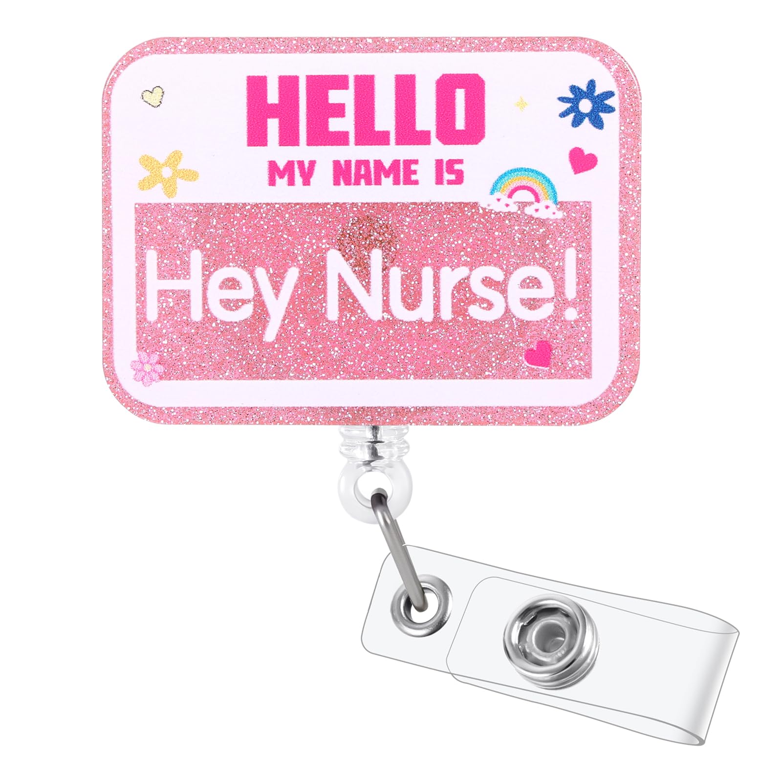 Hello My Name is Hey Nurse! Funny Badge Reel, Pink Retractable ID Card Badge Holders, Nurse Badge Clip for CNA RN MA LPN LVN MA Night Shift Nurses