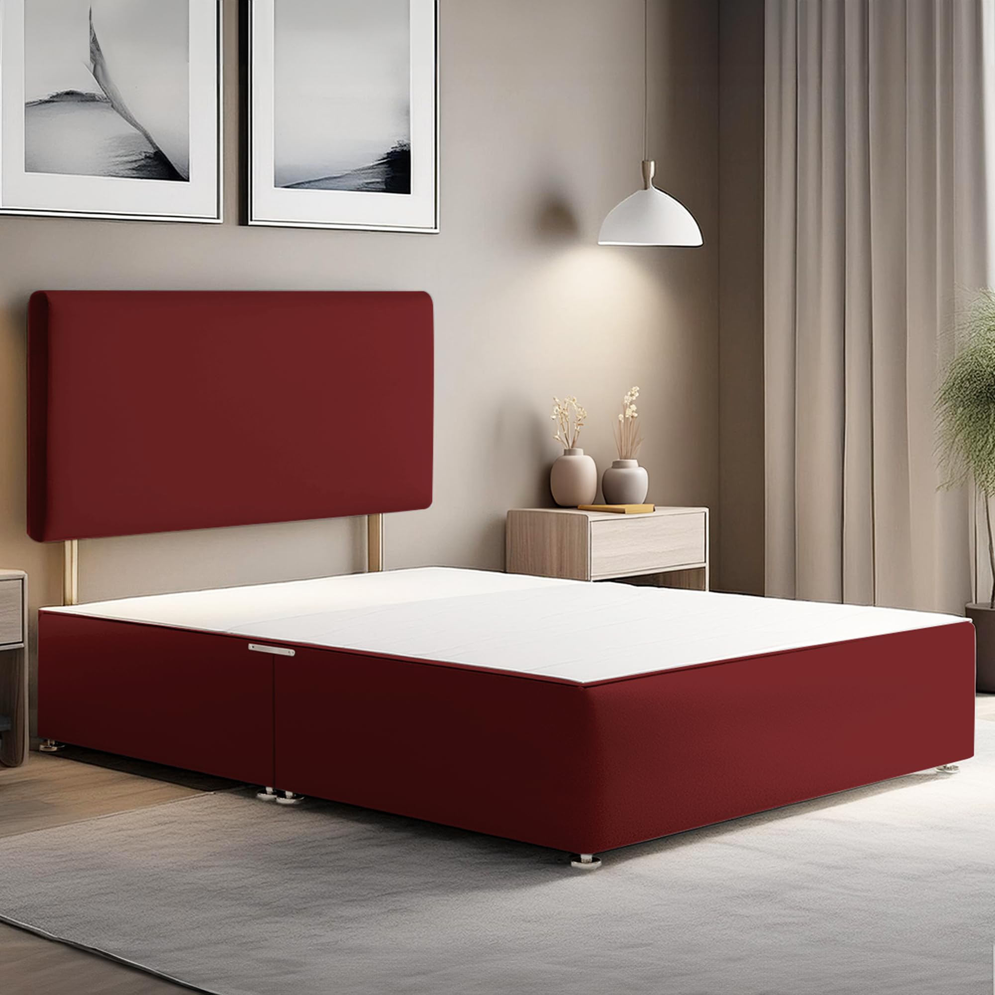 ComfoRest Small Double Divan Bed Base with Headboard, Red Plush Frame
