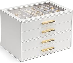 Vlando Large 4 Tier Jewelry Box with Glass Lid 4 Drawers for Necklaces Earrings Watches Bracelets Jewelry Storage Modern Cinderella Plus White
