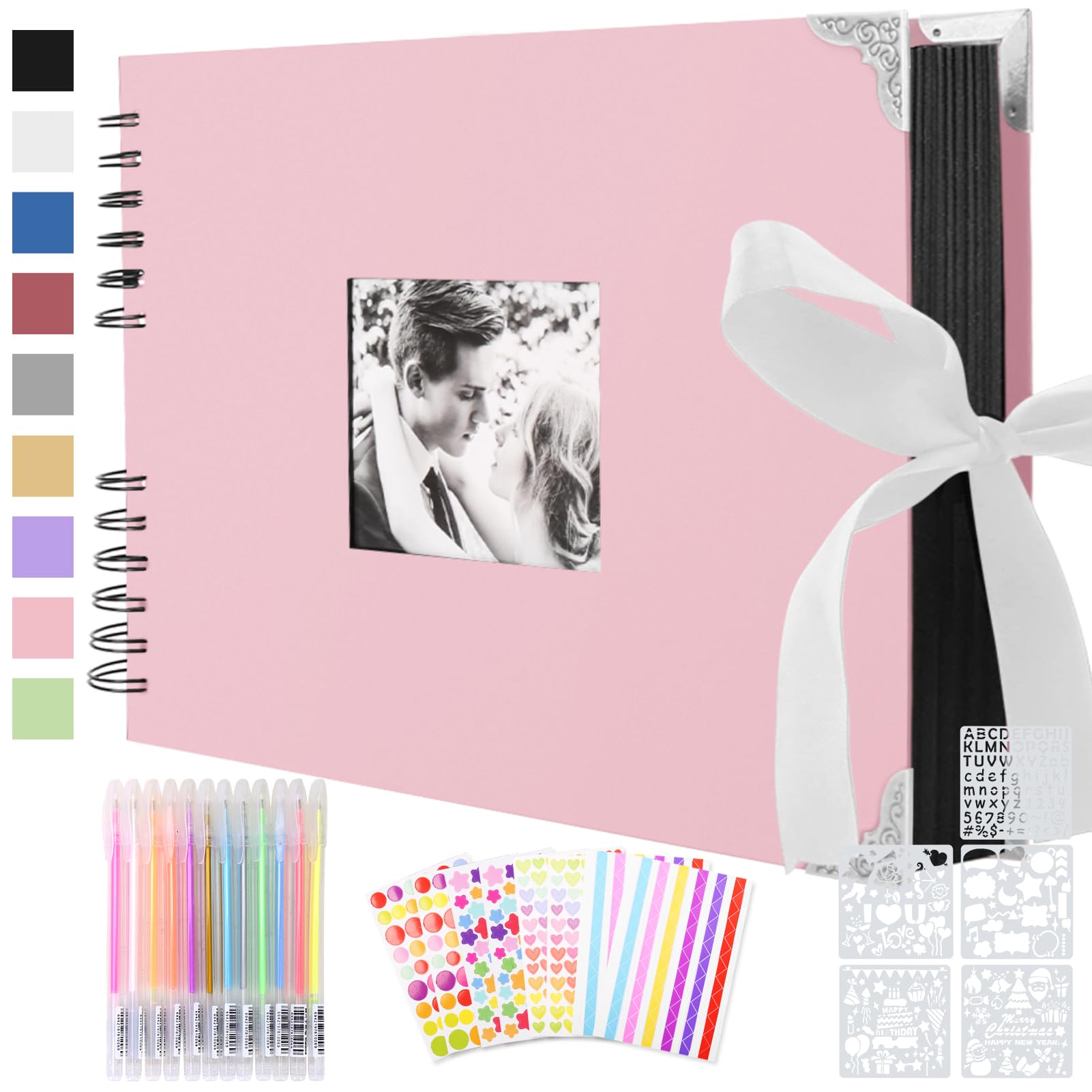 Fotoalbum zum Selbstgestalten, Scrapbook 80 Schwarze Seiten Fotobuch zum Einkleben,DIY Geschenk Scrapbooking Set für Baby Familie Jahrestag Geburtstags Valentinstag Hochzeit mit Protektkegeln, Rosa