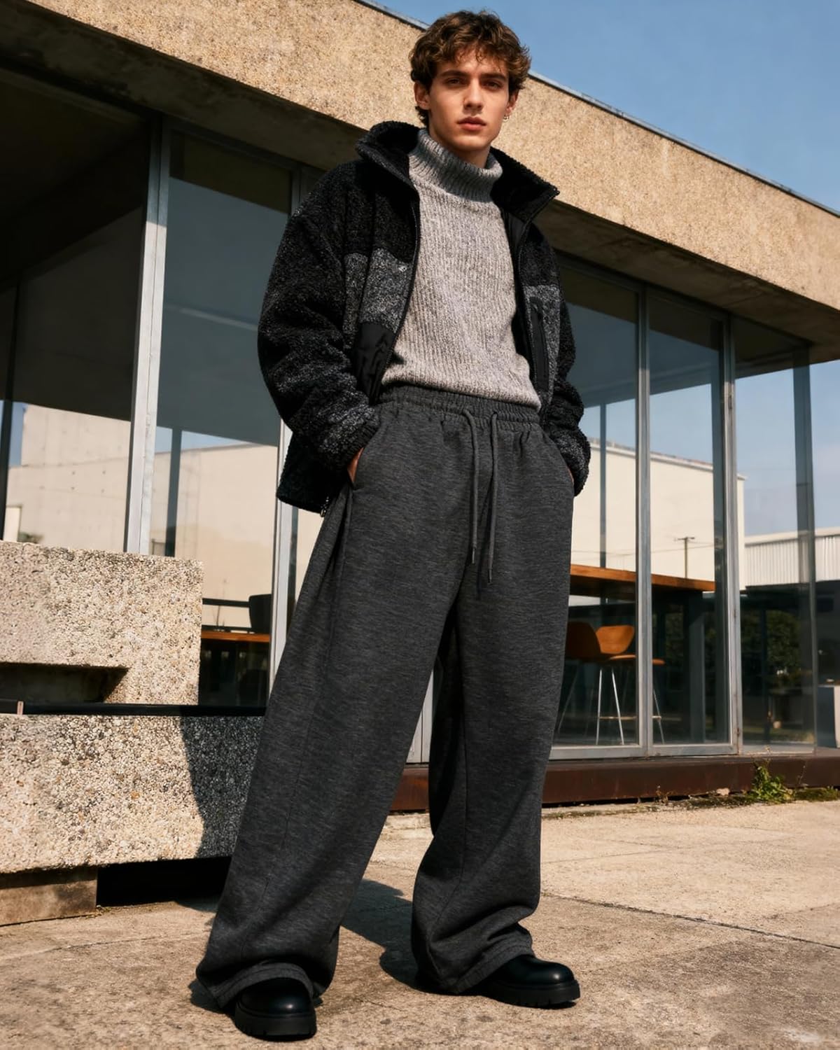 Wangdo Men's Baggy Sweatpants Wide Leg Lounge Cotton Jogging Pants Casual Elastic Waist Joggers with Pockets - Image 7