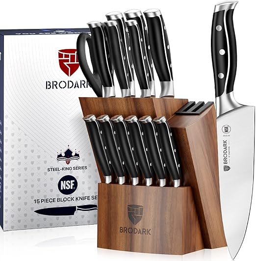 Kitchen Knife Set with Block, Full Tang 15 Pcs Professional Chef Knife Set with Knife Sharpener, Food Grade German Stainless Steel Knife Block Set, Steel-king Series for Fathers Day