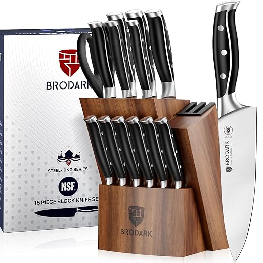 BRODARK Kitchen Knife Set with Block, Full Tang 15 Pcs Professional Chef Knife Set with 2 Stage Knife Sharpener, NSF Certified German Stainless Steel Knife Block Set, Steel-king Series with Gift Box