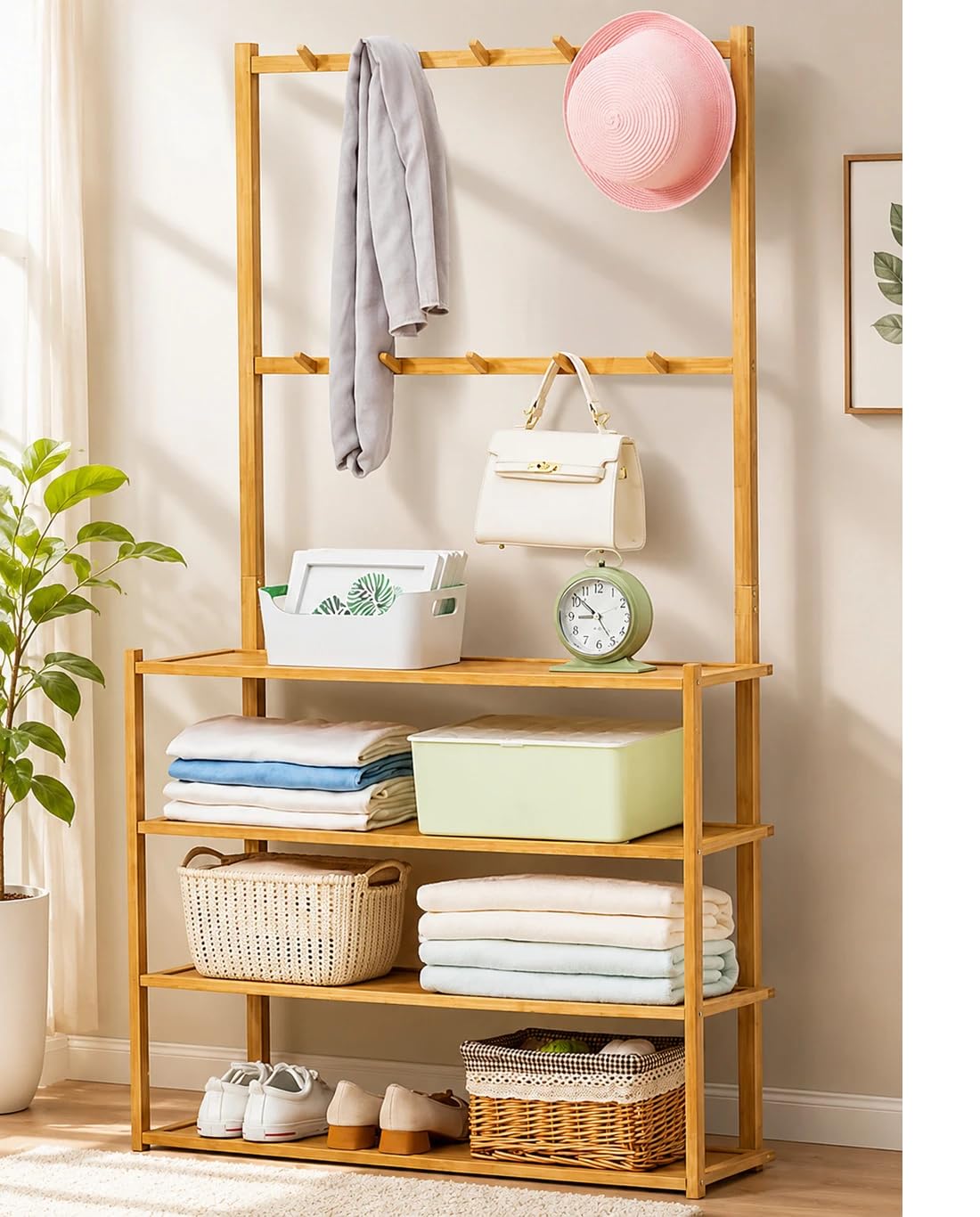 BuenoVida Bamboo Wooden Clothes Stand for Bedroom | Coat Hanger Rack with Bag Holder Hooks, Towel & Pant Hanger | Dress Display Shelf | Coat Stand Garment Rack for Clothes (70 x 25 x 146) CM-image-47