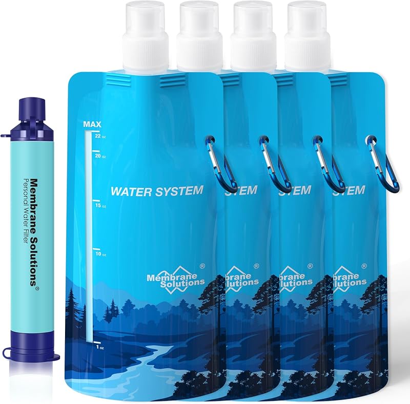 Squeezable Water Pouches with Water Filter Straw(1+4) | Survival Water Purifier Kit, Portable Water Purifier for Backpacking, Camping, Hiking and Emergency Preparedness