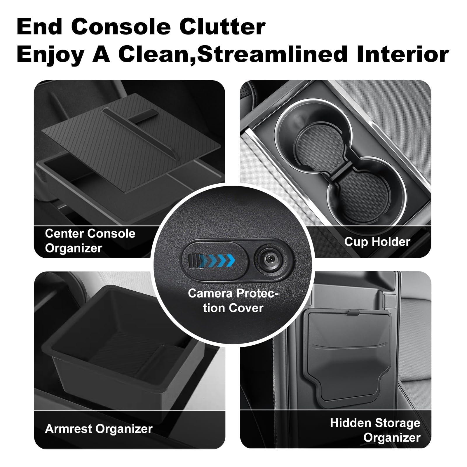 Eonflux Upgraded Center Console Organizer Tray 5PCS for Tesla Model Y Juniper 2025-2026 Accessories, Hidden Storage Box, Cup Holder Insert & Armrest Drawer, Compatible with Model 3 Highland 2025