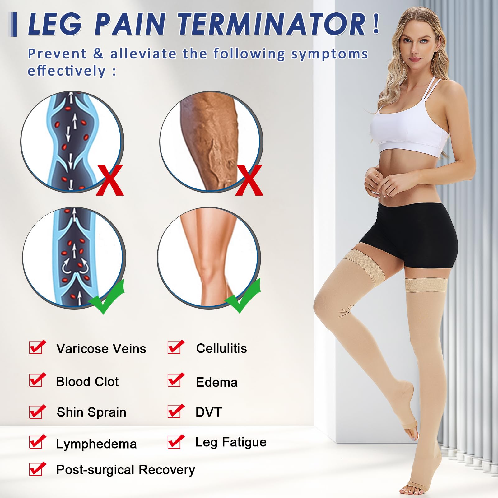 Beister - Medias de compresión médicas para hombre y mujer, 15-20 mmHg, con banda de silicona, clase 1, para varices, edema, DVT, vuelo