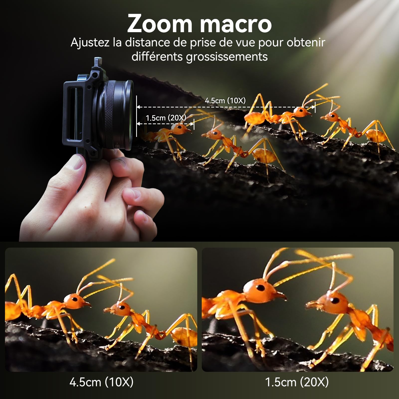 Objectif Macro APEXEL 10-20X pour iPhone et téléphones Android Kit d'objectif Photo HD avec Pince Universelle et lumière d'appoint Capturez des Gros Plans de Natures mortes, Insectes, Plantes, Bijoux