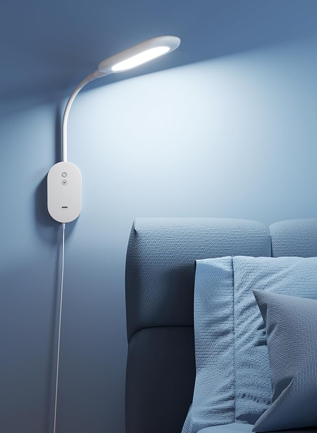 TOPMB Wall Mounted Reading Light, Book Lights for Reading in Bed with CRI 95+ for Eye Care, 4 Color 5 Dimmable, 2A USB Output, 4-Hour Auto Off, Flexible Gooseneck Bed Headboard Reading Lamp White