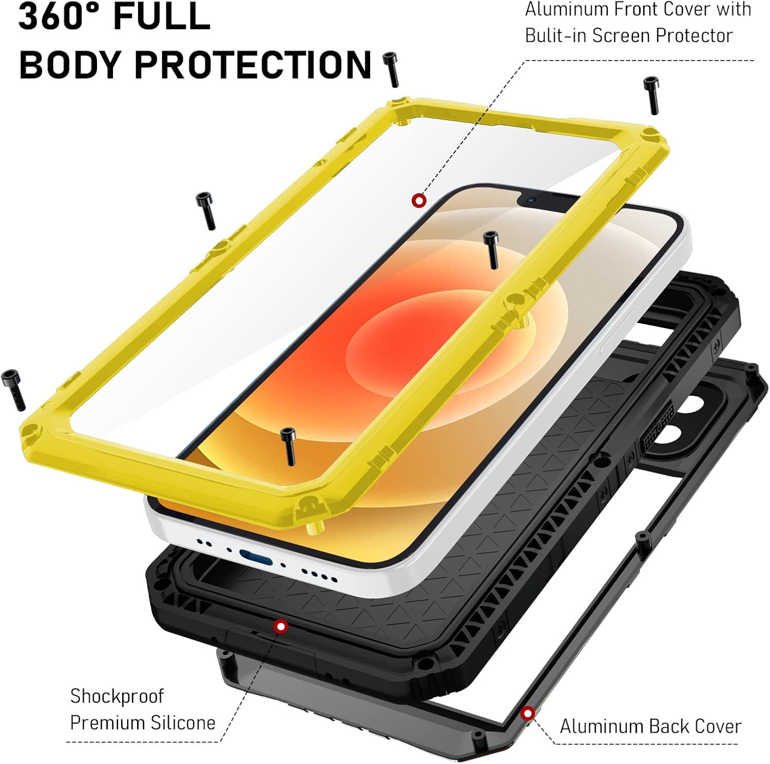 Beasyjoy Designed for iPhone 12 Mini Case, Waterproof Case with Built-in Screen Protector Full Body Protective Heavy Duty Rugged Cover, Military Grade Shockproof Dustproof Metal Case 5.4 inch,Yellow