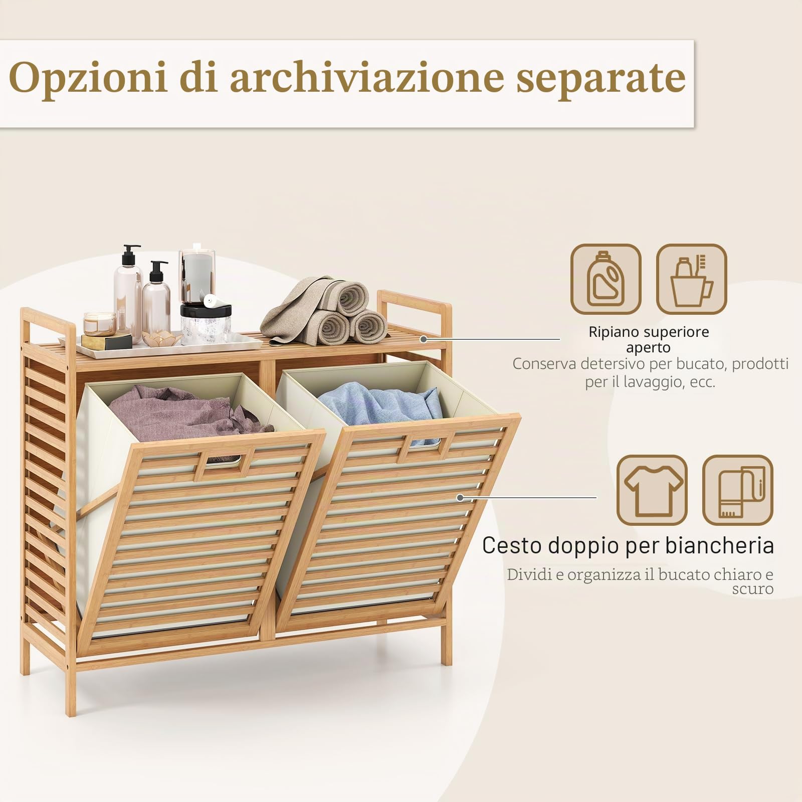 GIANTEX Cesto Portabiancheria 75L a 2 Scomparti | Sacchetti Estraibili e Telaio in Bambù, Mobile Pratico per Bagno e Lavanderia