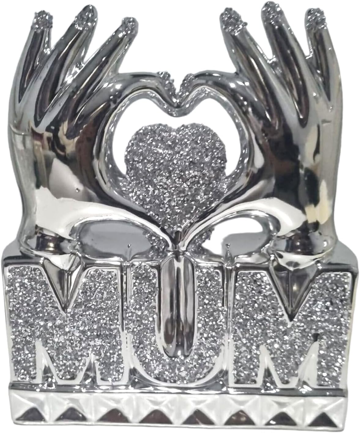 Crushed Diamond Crystal Mum Heart Hand Ornament, Silver, 31cm, Home Decor Gift