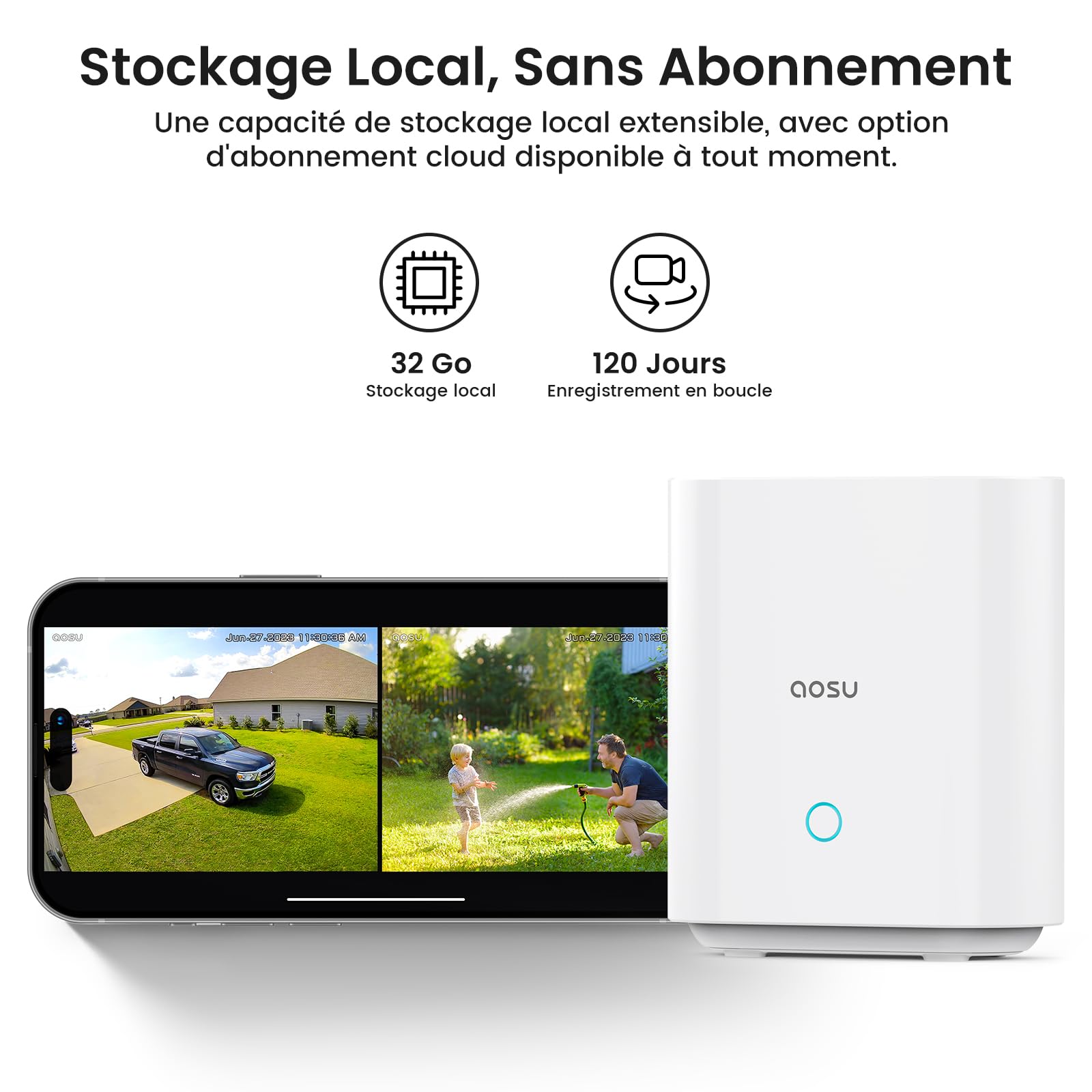 aosu 2K Camera Surveillance WiFi Exterieure sans Fil Solaire, Kit 2 Caméras + aosuBase, sans Abonnement Requis Stockage Local, 360° PTZ Suivi Automatique Détection Vision Nocturne Couleur, 5G/2.4GHz