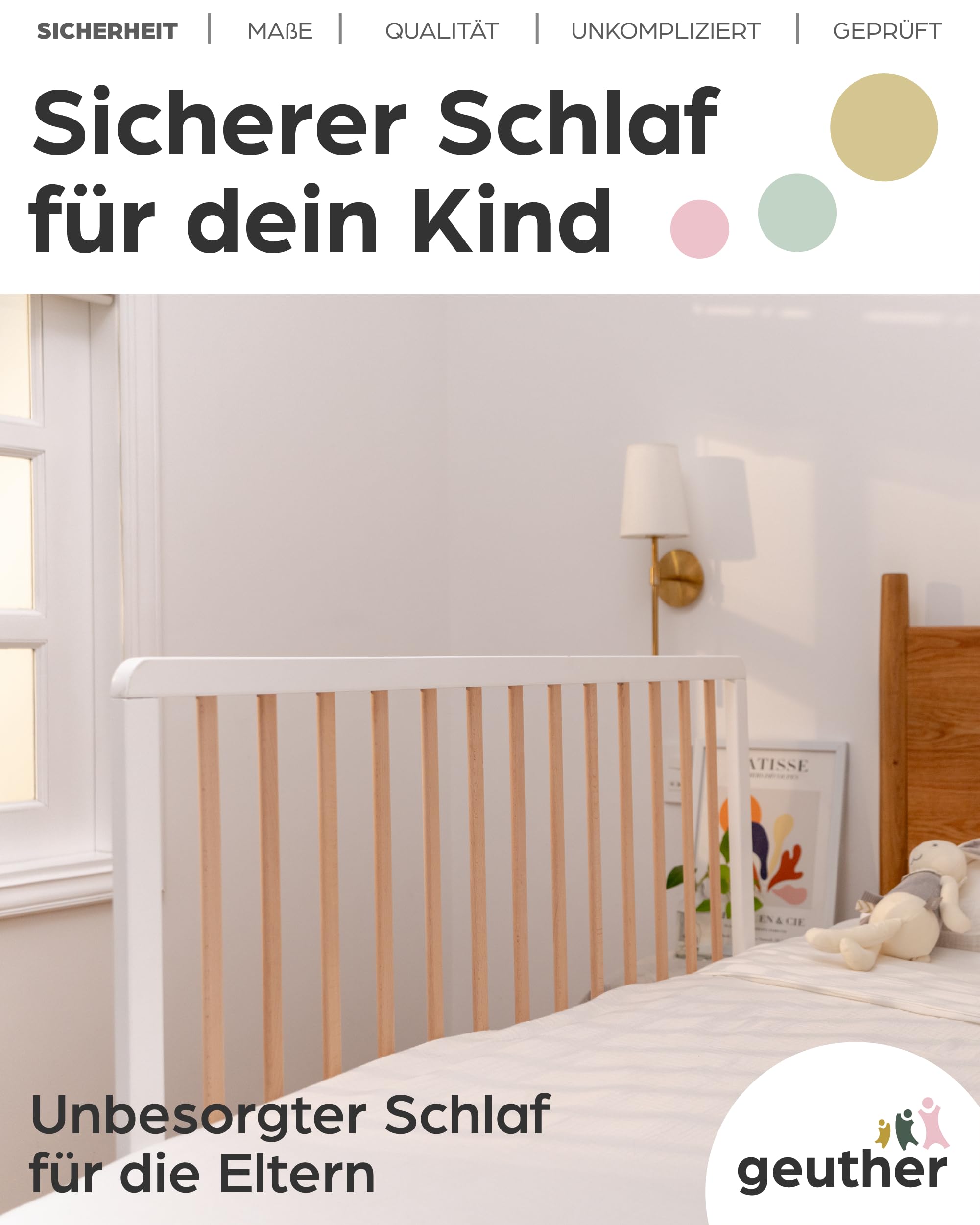 Geuther Bettschutzgitter Holz | Idealer Rausfallschutz Boxspringbett, extra hoch | Rausfallschutz Bett für Kinder | Bettgitter, Absturzsicherung Bett | Bett Rausfallschutz Kinder in 110cm Länge, Natur
