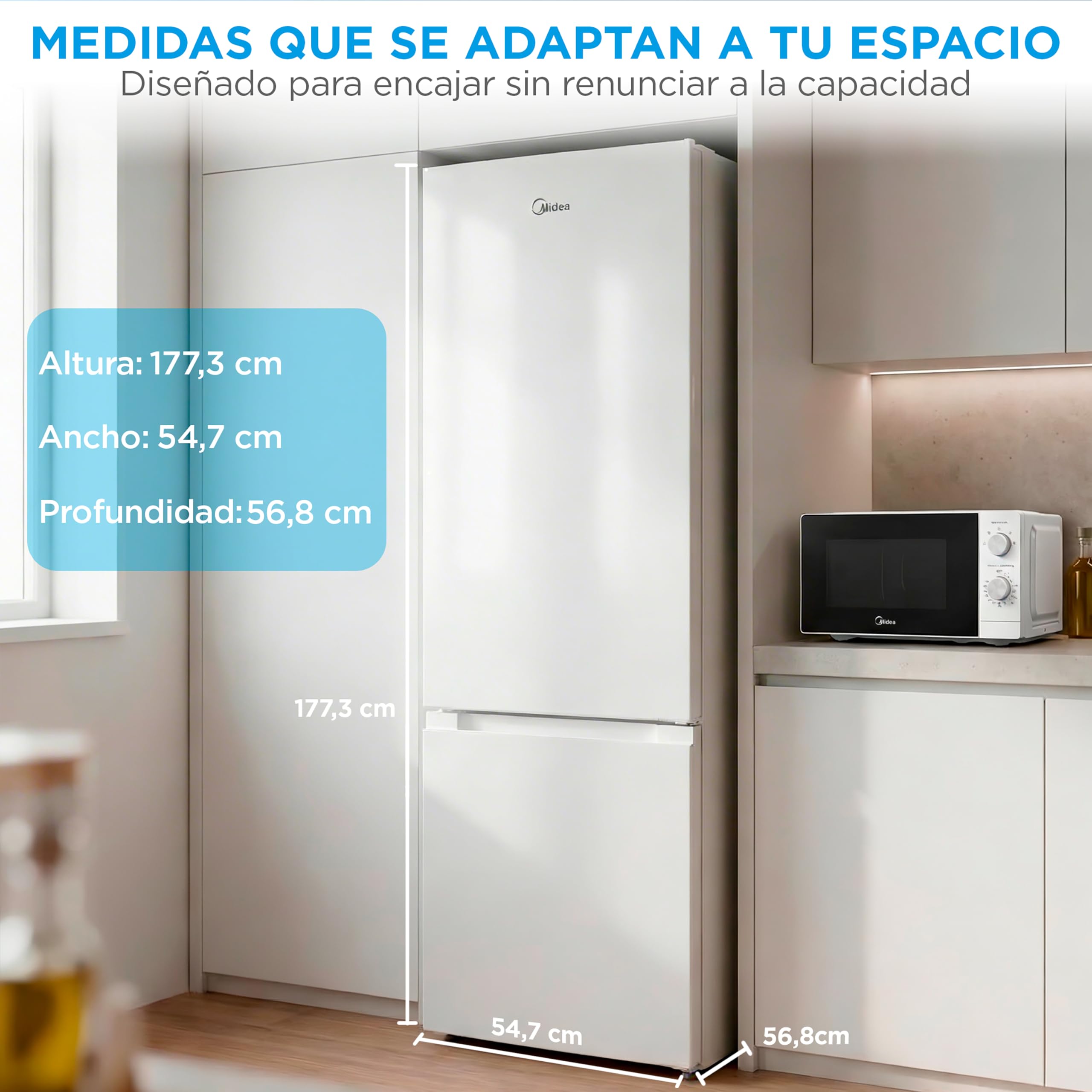 Midea Frigorifico Combi Blanco de 262 L | 55 cm x 177 cm | Nevera Combi con Congelador de 65L y Tecnología Low Frost - Refrigerador Independiente de Bajo Consumo, Puertas Reversibles, Silencioso 39 dB