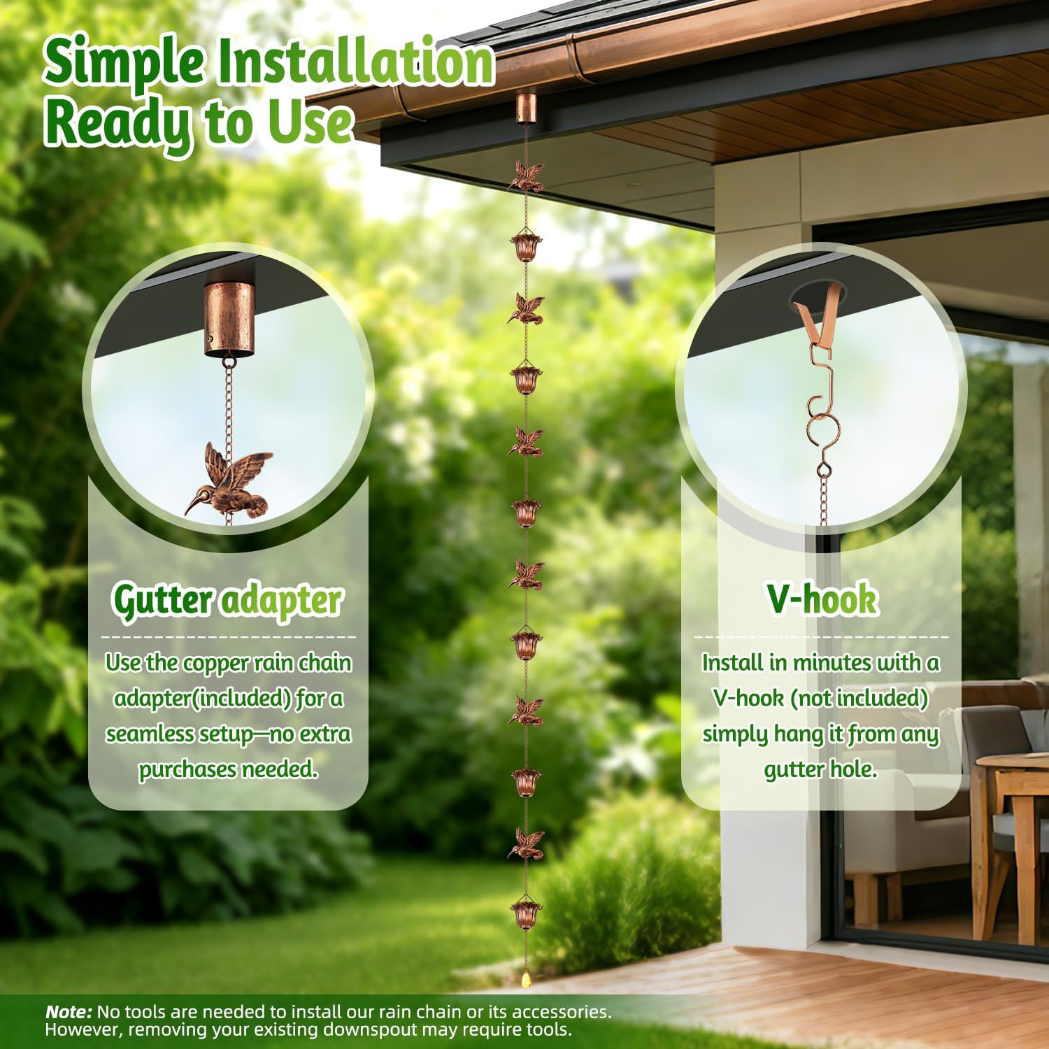 Rain Chains for Gutters Outside 8.5FT Copper Rain Catcher Chain with Adapter Decorative Replacement for Downspout with 6 Hummingbirds and 6 Flower Cups