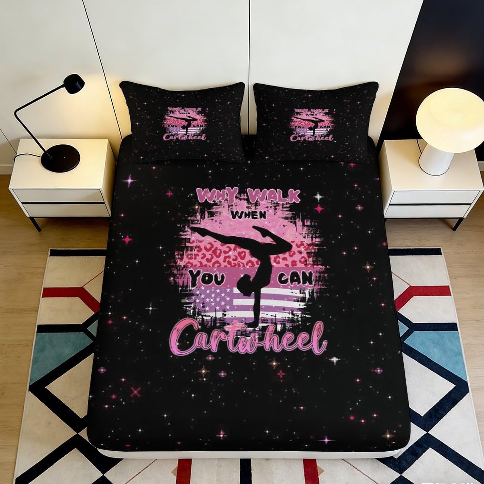 3D Printed Gymnastics Silhouette Fitted Sheet Microfiber Pink Splatter Bed Cover for Bedroom Dorm Mattress Decor 90x200x25cm