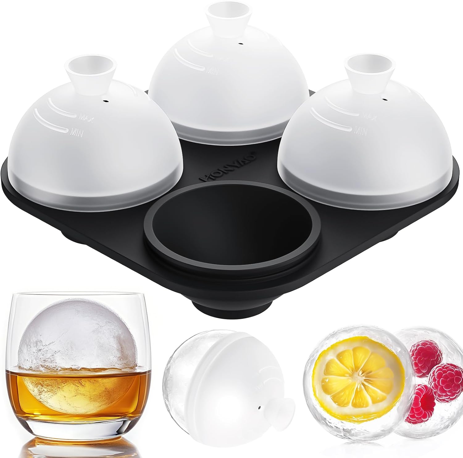 HONYAO Silicone Whiskey Ice Ball Mold - 2.4 Inch Large Ice Cube Trays Molds Silicone with Lids - Ice Sphere Maker for Cocktails, Bourbon, Rum - 4 Iceballs - Thumbnail 2