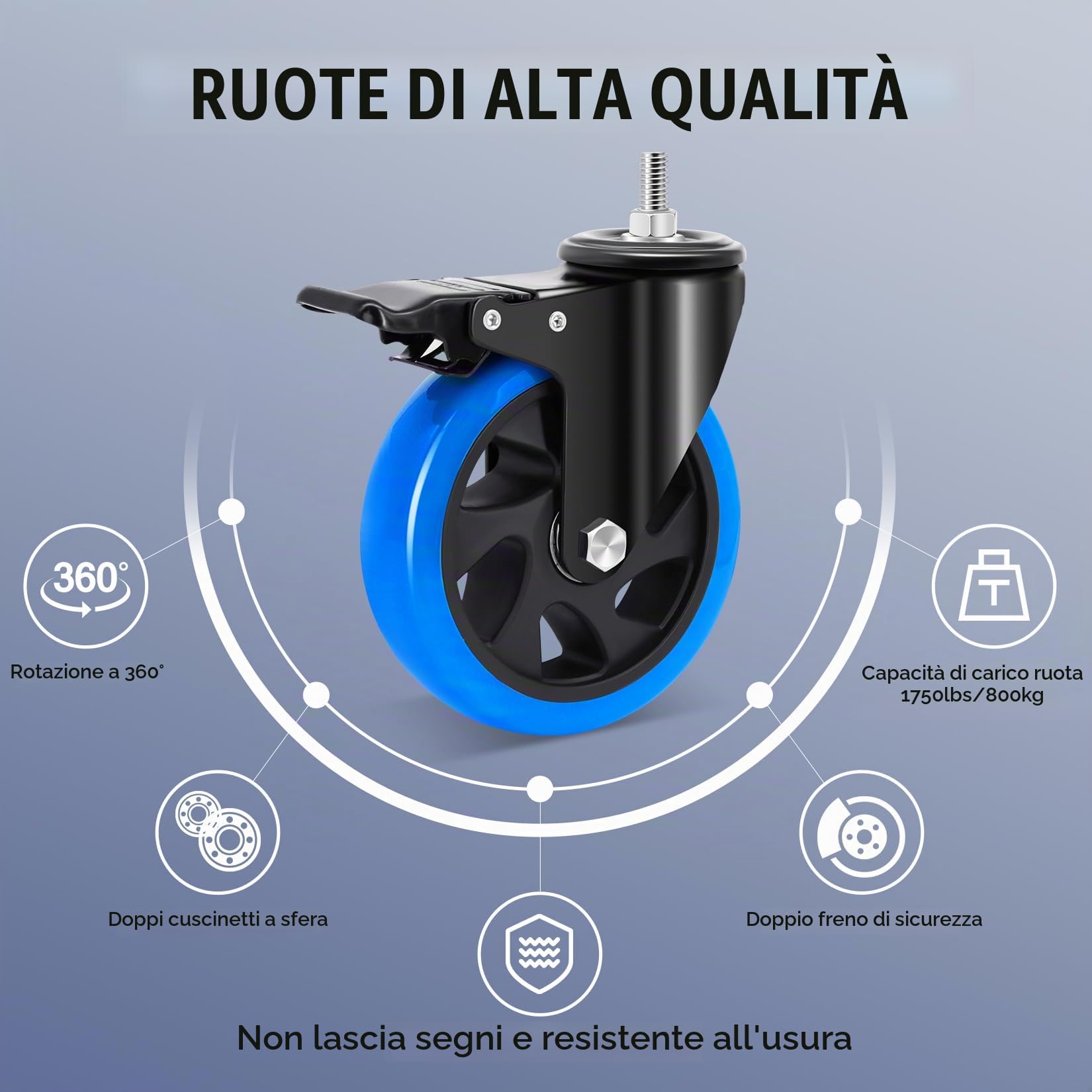 125mm Ruote per Carrello con stelo filettato M10 x 1,5x 30mm, Ruote per Mobili Carichi Pesanti Capacità 800KG, 360 Gradi Rotelle Girevoli con freno Mobili, Barbecue, Carrelli, Trasporto